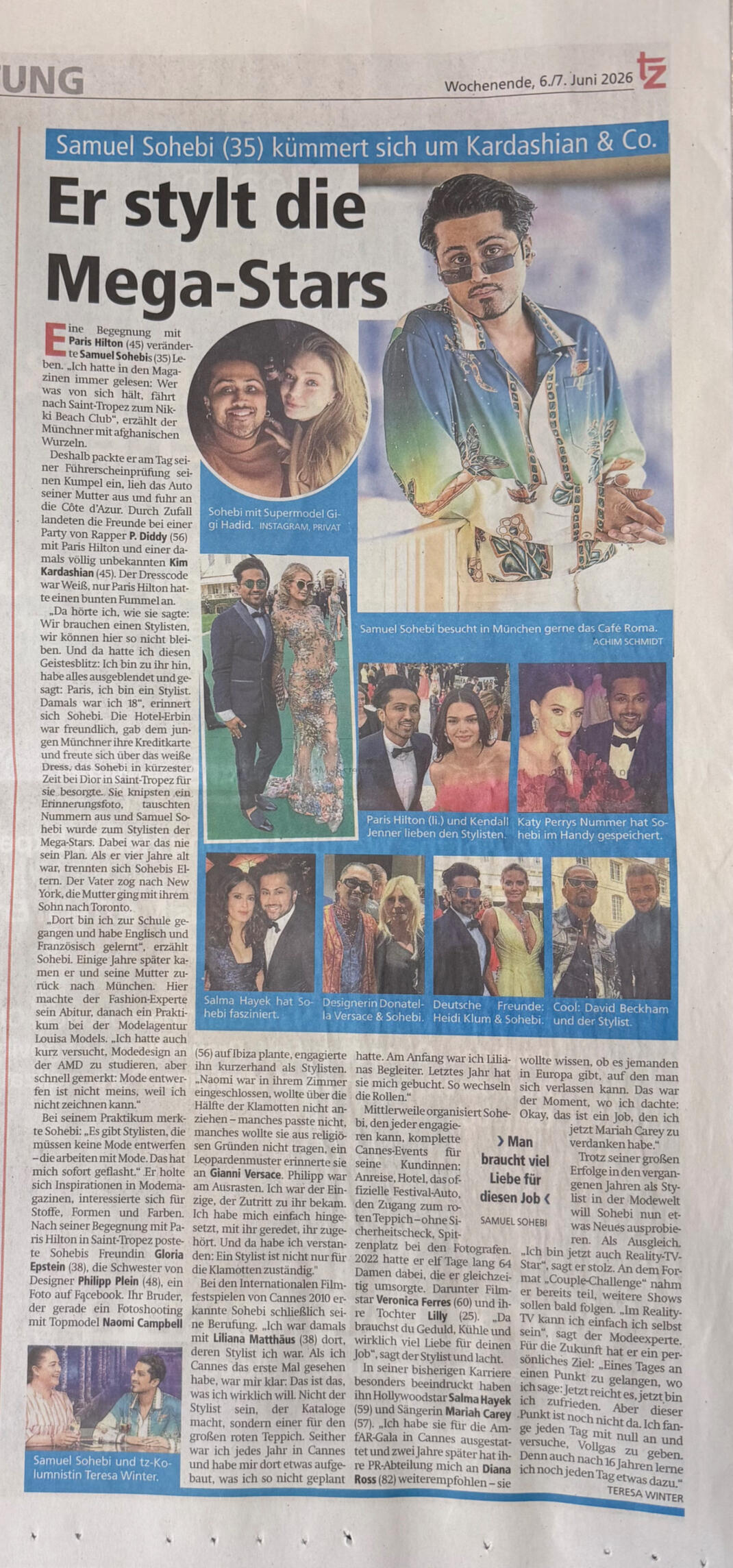tz München: Samuel Sohebi – Der Stylist der Mega-Stars Untitled Zeitungsbericht der tz München über Samuel Sohebi. Das Porträt berichtet über seinen Werdegang vom Münchner Fashion- und Red-Carpet-Stylisten zu einer bekannten Persönlichkeit der internationalen Prominenten- und Medienwelt. Der Artikel zeigt Fotos mit Per