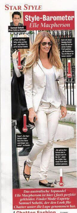 Chatter Fashion Style-Barometer from 7 July 2010 featuring Samuel Sohebi’s fashion review of Elle Macpherson in an all-white suit.