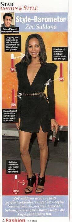 Zoe Saldana — red carpet look, analyzed by Samuel Sohebi in the “What’s Hot… What’s Not!” column, Chatter Magazine. Zoe Saldana — red carpet styling analysis by Samuel Sohebi, featured in the “What’s Hot… What’s Not!” column, Chatter Magazine.
