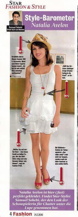 Samuel Sohebi reviews Natalia Avelon for Chatter Magazine, 2010. Chatter Fashion Style-Barometer from 21 July 2010 featuring Samuel Sohebi’s review of actress Natalia Avelon in a white summer dress.