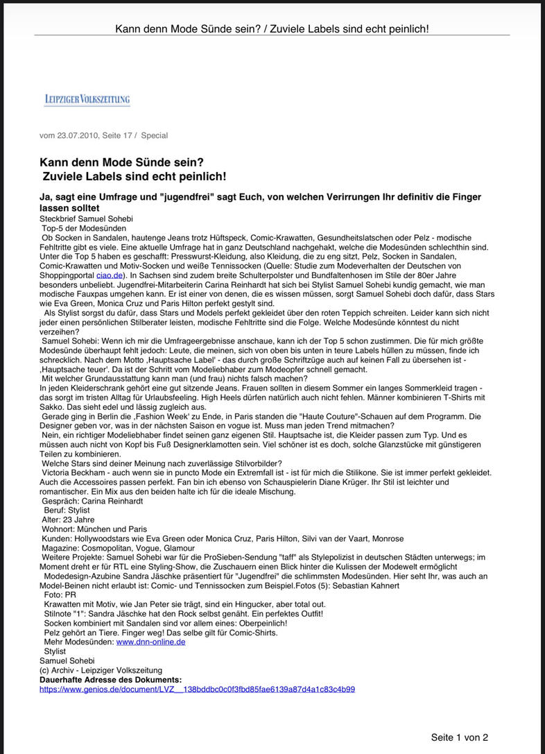Two-page Leipziger Volkszeitung interview published on July 23, 2010, featuring celebrity stylist Samuel Sohebi discussing fashion trends, styling advice, and his work with Paris Hilton, Eva Green, and Mónica Cruz.