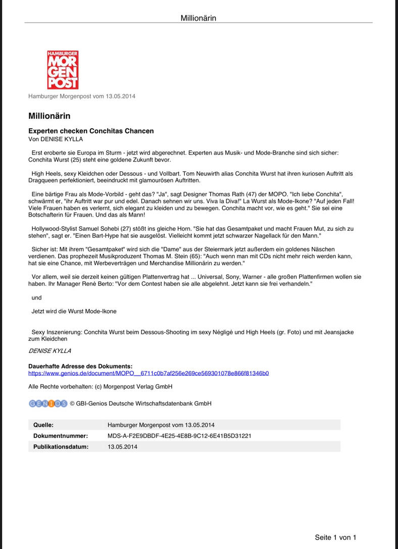 Hamburger Morgenpost article published on May 13, 2014, featuring celebrity stylist Samuel Sohebi commenting on Conchita Wurst’s fashion influence, public image, and post-Eurovision success.