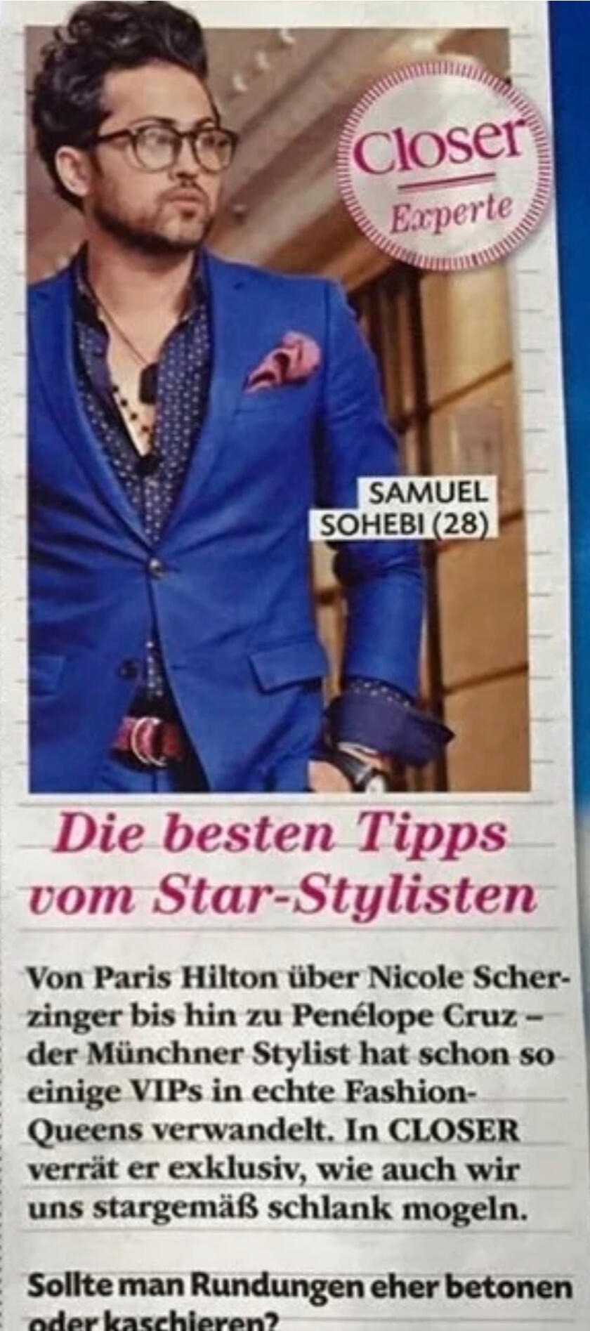 Closer (DE), 2014 – „Die besten Tipps vom Star-Stylisten“ Samuel Sohebi Paris Hilton Cannes Closer magazine celebrity stylist red carpet fashion article