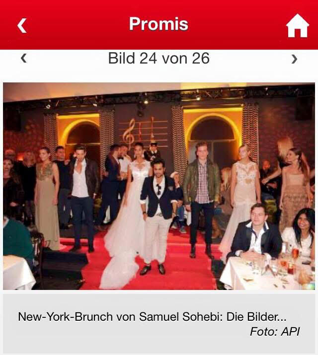 Samuel Sohebi New York Brunch at Filmcasino Munich Samuel Sohebi appeared as a host of a fashion event in Munich, documented by Abendzeitung München. The event was attended by public figures including Sarah Kern and Georgina Fleur.